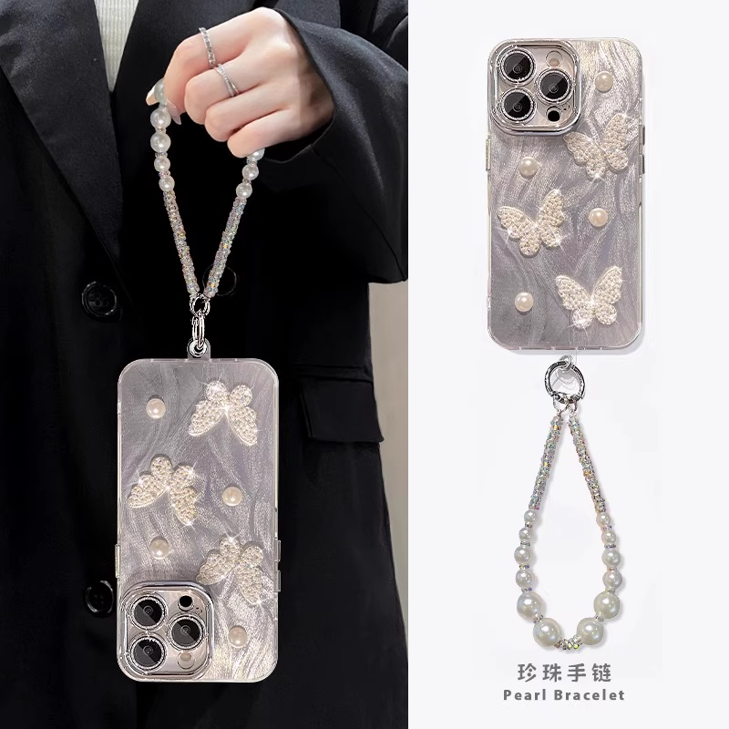 羽纱蝴蝶适用苹果16promax手机壳iphone15立体14plus2025夏天新女款高级感13pm全包12防摔带手链小众创意16外