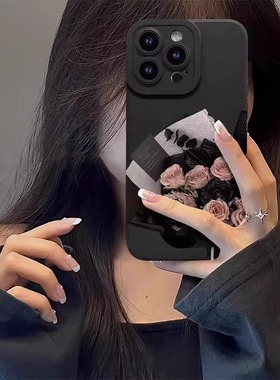 适用苹果16promax手机壳新款彩绘iphone15pro磨砂黑色17高级感14PM玫瑰花13p时尚艺术女款12硅胶全包防摔软套