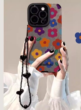 彩色花朵适用苹果16promax手机壳带手链iphone15保护套翻毛皮14plus新款彩绘13pm个性创意ip12防摔11网红xs潮