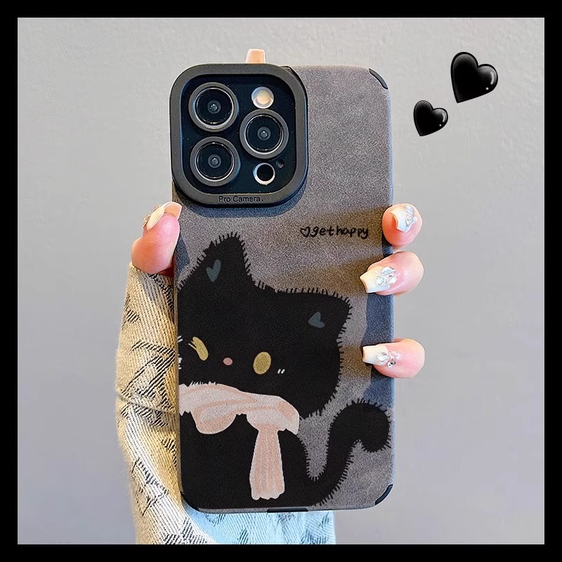 适用苹果17promax手机壳卡通彩绘iphone15pro爱心黑猫14plus新款高级感13pm男女12可爱小众x全包防摔16软外11