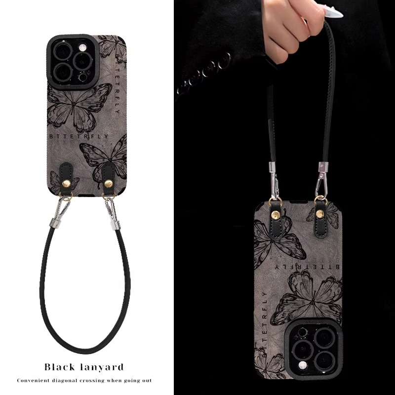 线条蝴蝶适用苹果16promax手机壳iphone15挂绳14plus2025夏天新女款高级感13pm全包12防摔11简约小众美丽16外