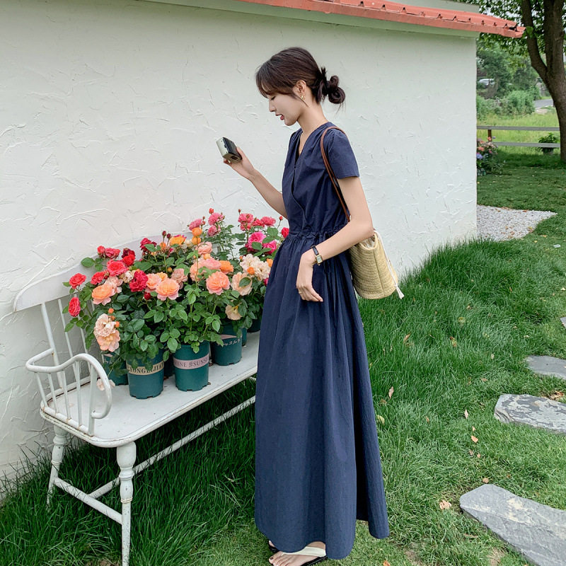 实拍藏青色法式简约V领轻