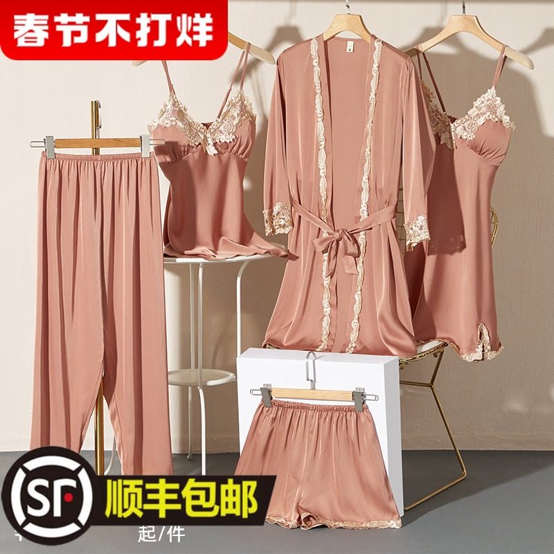 性感睡衣女春秋薄款冰丝睡袍带胸垫吊带夏季女丝绸睡裙家居服套装