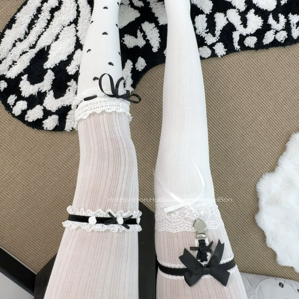 黑白色纯欲少女蕾丝叠穿袜子