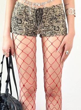 BON y2k辣妹小众爱心钻亚比红色镂空渔网袜薄款性感诱惑黑丝袜女