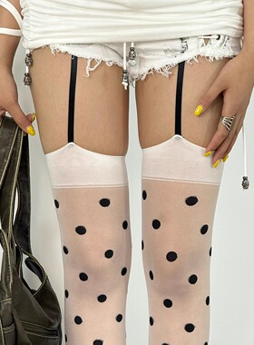 BON 古早涩谷辣妹时髦精白色波点吊带袜个性圆点过膝袜创意丝袜女