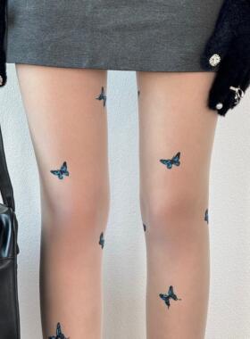 BON 小众设计蓝蝴蝶丝袜个性印花女薄款性感辣妹纯欲风少女连裤袜