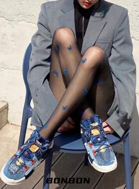 BON 少女蓝蝴蝶丝袜偏偏起舞防勾丝菠萝袜任意剪印花超薄连裤袜