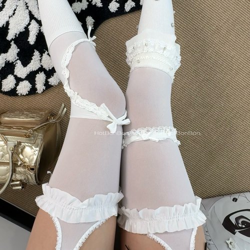 Doll感甜妹吊带白色花边丝袜