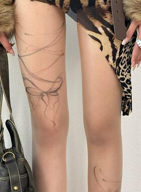 BON 复古涩谷辣妹废土风蝴蝶结水墨纹身丝袜美拉德肤色高级连裤袜