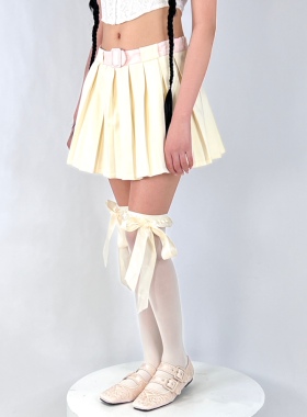 BON 少女绸缎花边飘带过膝纯欲白色天鹅绒甜美JK绑带蝴蝶结长筒袜