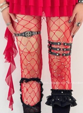 BON 千禧尤物叠穿组合袜子黑红撞色y2k轻亚辣妹穿搭红色水钻网袜