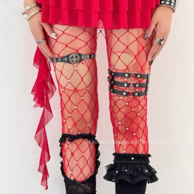 千禧尤物叠穿组合黑红撞色袜子