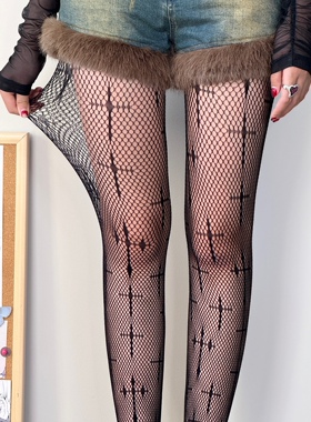 BON 千禧辣妹哥特风多个大小十字架镂空渔网袜个性原宿风连裤袜女