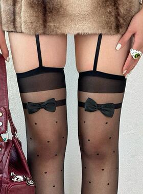 BON 蝴蝶结吊带一体黑色波点丝袜纯欲风少女白丝y2k性感辣妹黑丝