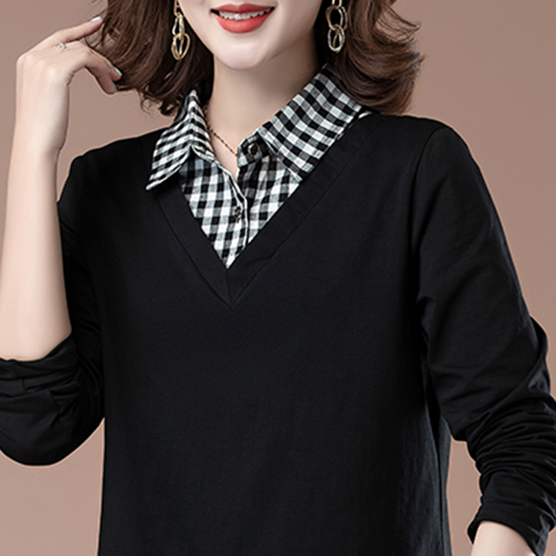 翻领遮肉纯棉假两件t恤衫上衣