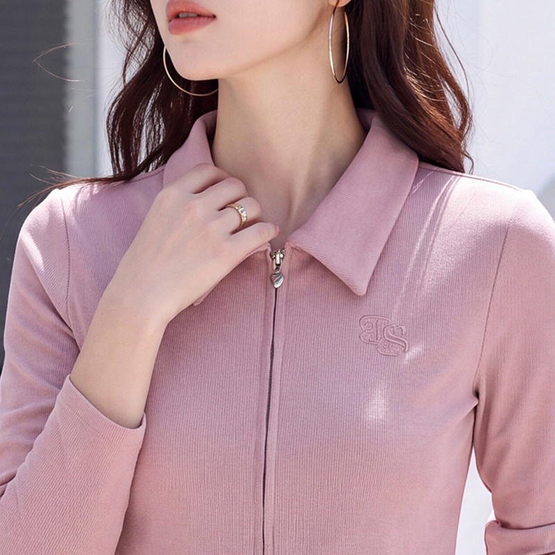 纯色拉链翻领长袖T恤女春秋新款百搭洋气休闲刺绣Polo领棉质上衣