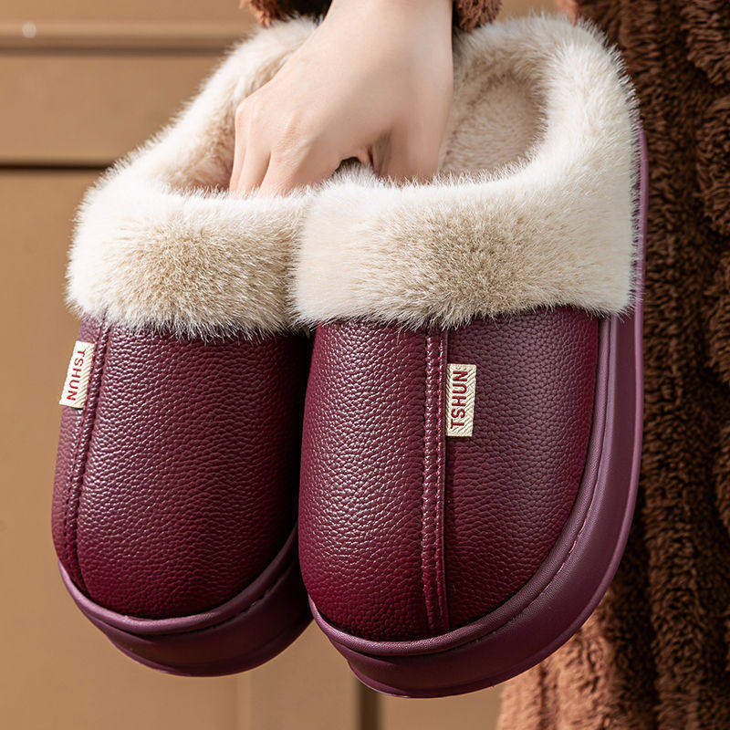 防滑耐磨棉拖鞋冬季男女居家情侣皮面防水加绒加厚外穿保暖棉拖鞋,女鞋,棉鞋,淘宝优惠券,粉丝福利购,淘宝优惠卷