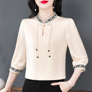 新中式盘扣七分袖雪纺衬衫女士新款国风气质小衫羊绒打底洋气上衣