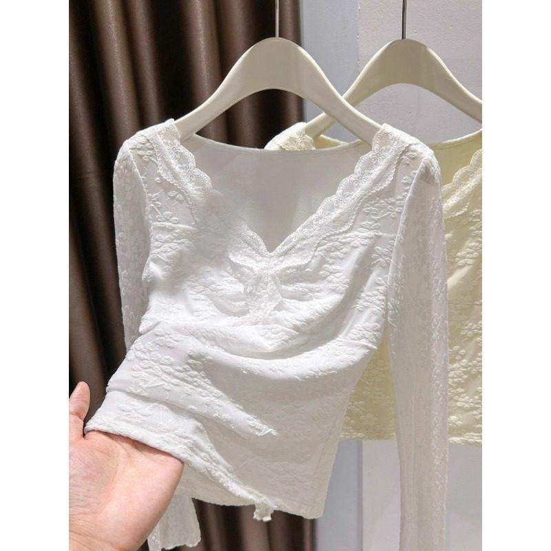 磨毛可外穿小衫短款V领上衣2026秋冬加绒加厚蕾丝打底衫洋气内搭,女装/女士精品,大码内搭,淘宝优惠券,粉丝福利购,淘宝优惠卷