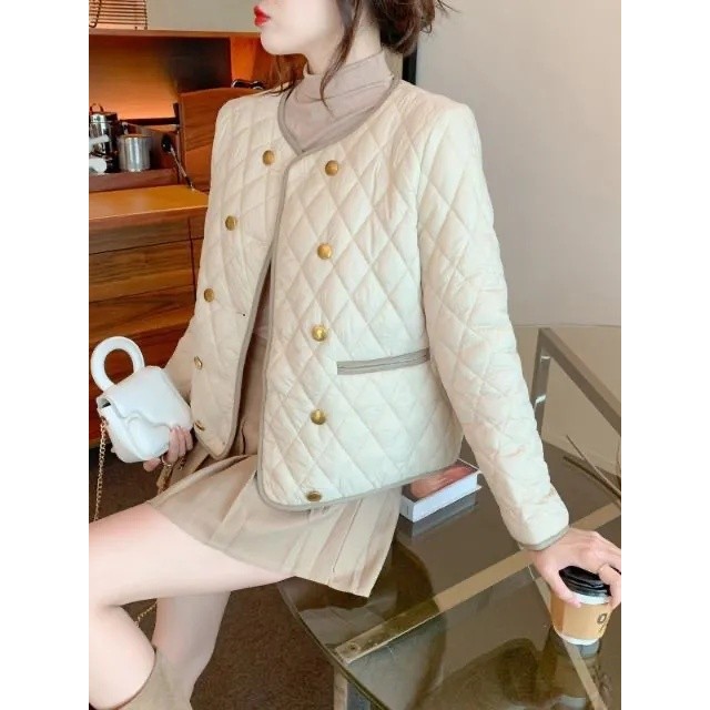 双排扣宽松外套小香风菱格棉服