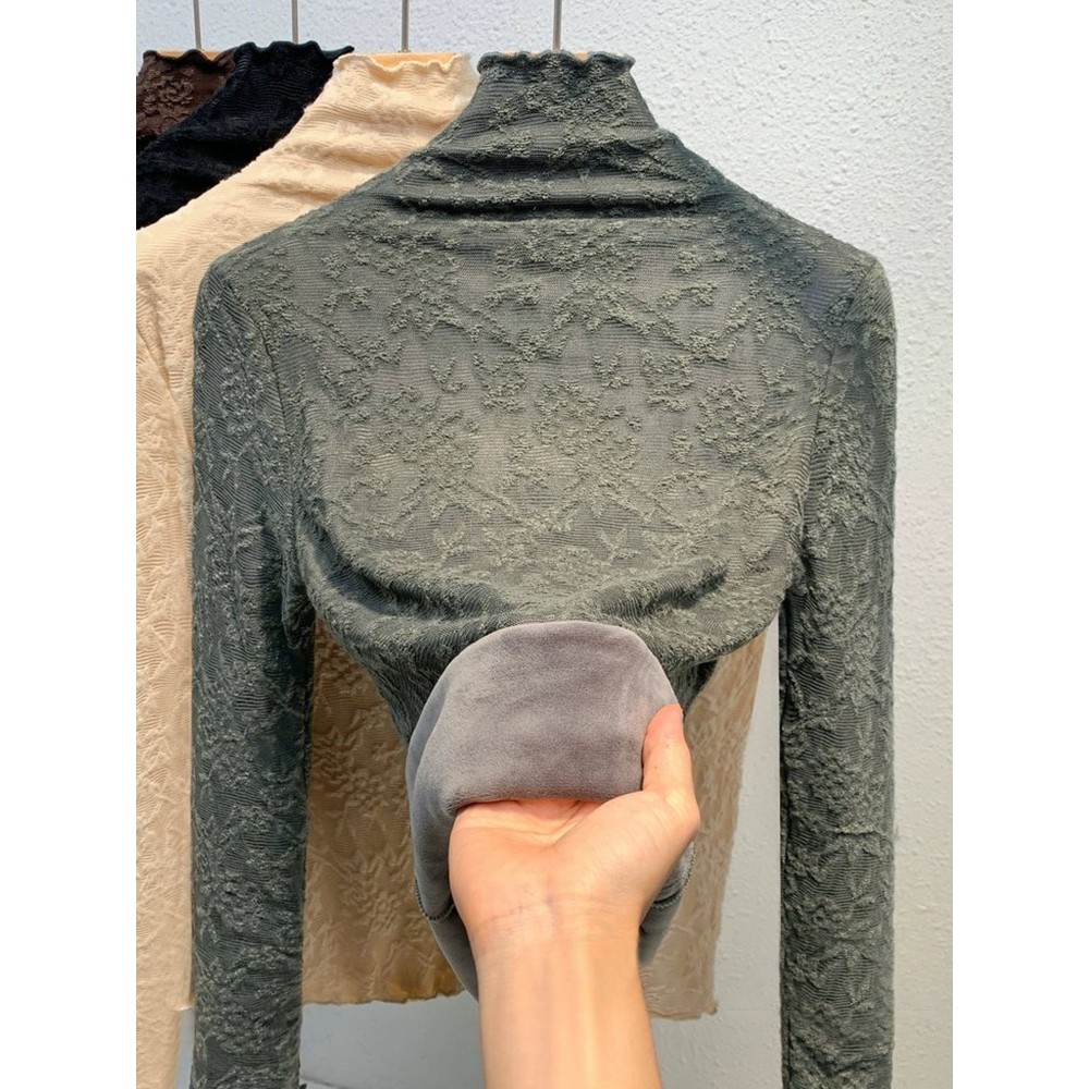 保暖半高领蕾丝打底衫2025秋冬