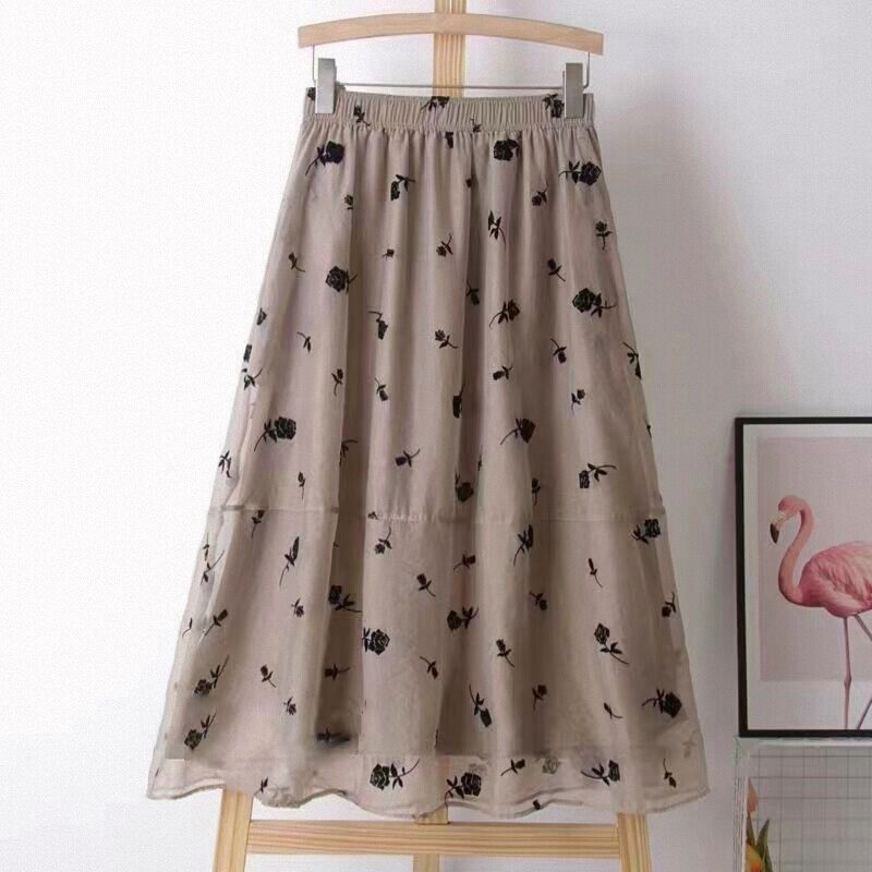 印花玫瑰碎花欧根纱短裙半身裙女春季新款高腰时尚拼接A字裙中裙