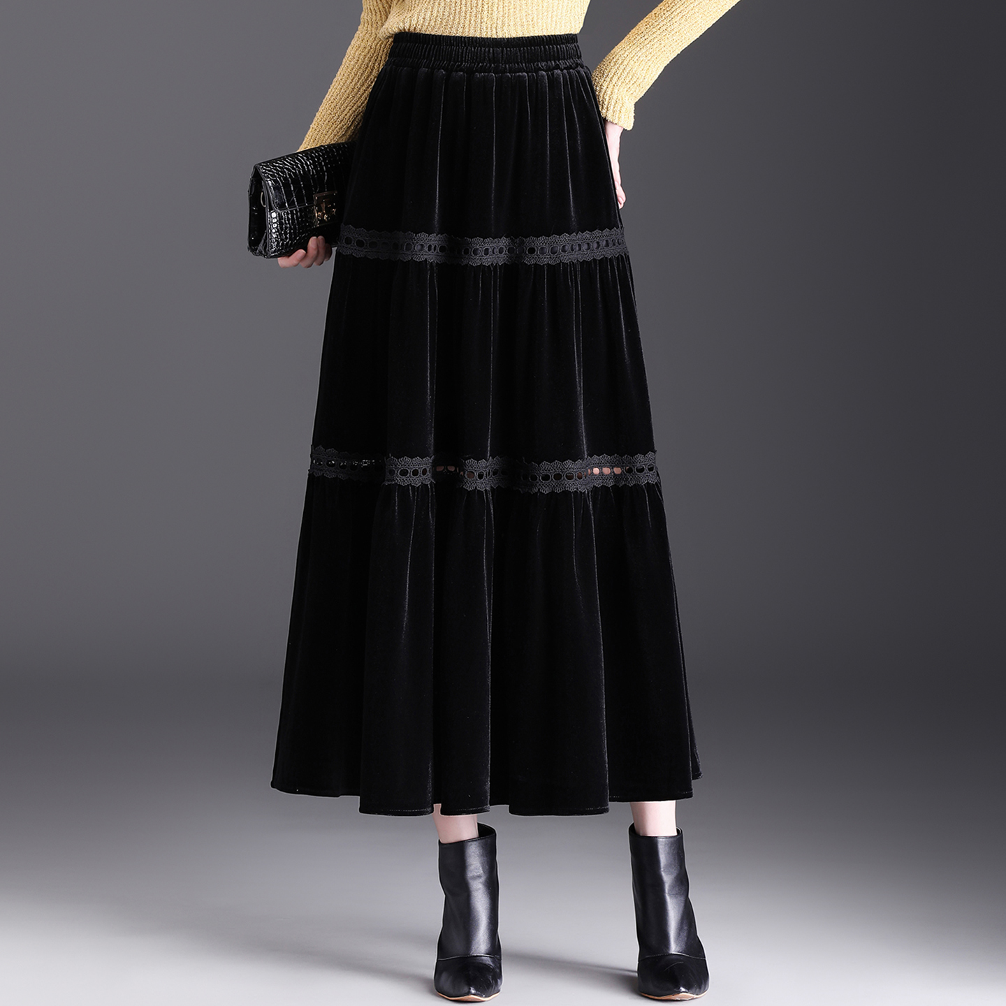 黑色金丝绒拼接半身裙女秋冬季