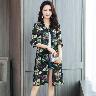 夏季2024新款雪纺防晒衣女士外套中长款薄款宽松妈妈印花外搭开衫