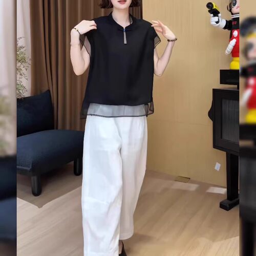 妈妈装黑色网纱拼接短袖衬衫女
