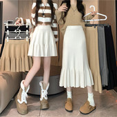A字裙胖mm遮胯大码 设计感荷叶边百褶裙子春季 中长款 针织半身裙女