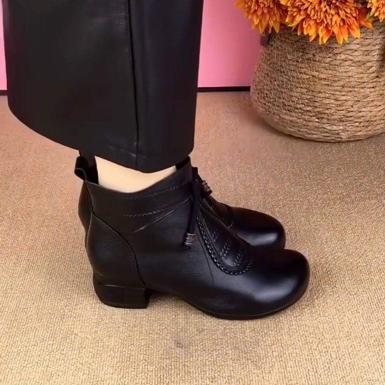 中跟软底复古时装女靴真皮短靴女2026秋冬新款粗跟马丁靴百搭单靴,女鞋,时装靴,淘宝优惠券,粉丝福利购,淘宝优惠卷