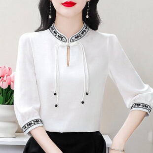 国风气质小衫大码打底衫新中式盘扣七分袖雪纺衬衫女新款洋气上衣