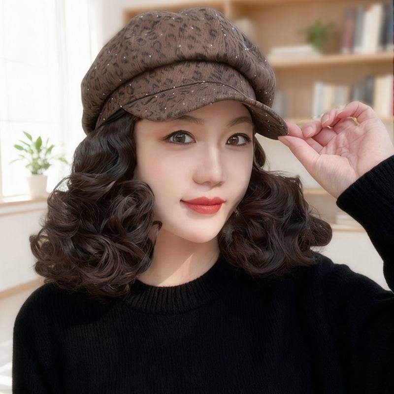 新款豹纹假发帽子一体女短卷发时尚秋冬季八角帽百搭鸭舌帽全头套,服饰配件/皮带/帽子/围巾,帽子,淘宝优惠券,粉丝福利购,淘宝优惠卷