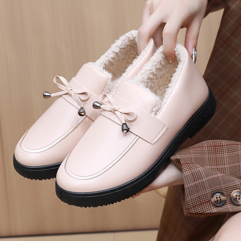 加绒一脚蹬棉靴冬季皮面防水棉鞋