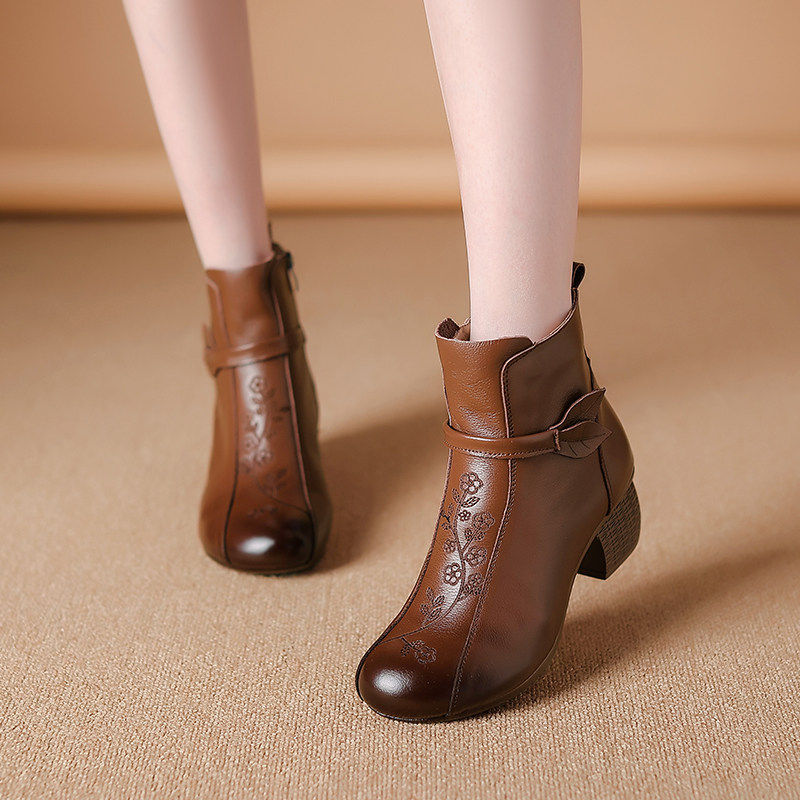 粗跟女棉鞋加绒2026冬季短靴复古软底真皮妈妈鞋绣花民族风鞋勃肯,女鞋,勃肯鞋/软木鞋,淘宝优惠券,粉丝福利购,淘宝优惠卷
