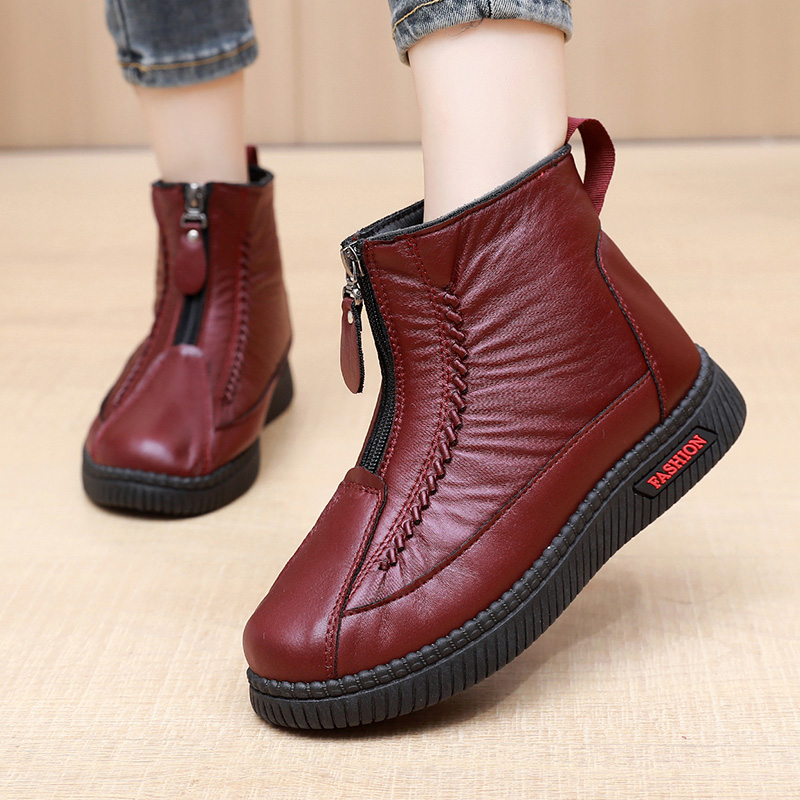 老北京棉靴女皮面防水雪地靴