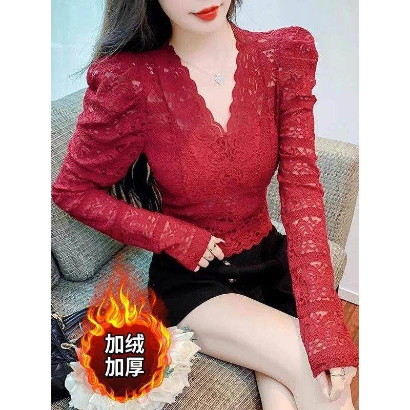 加绒加厚V领蕾丝打底衫女黑色小众内搭长袖秋冬女装性感短款小衫,女装/女士精品,大码内搭,淘宝优惠券,粉丝福利购,淘宝优惠卷