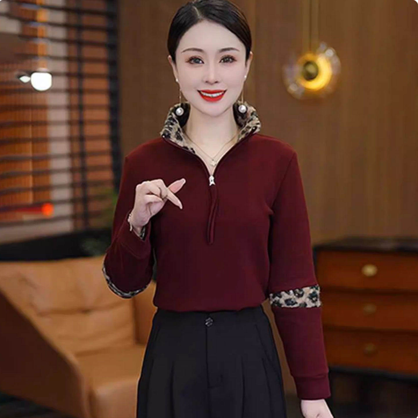 豹纹拼接双面绒加厚卫衣打底衫女秋冬妈妈装洋气保暖百搭显瘦上衣