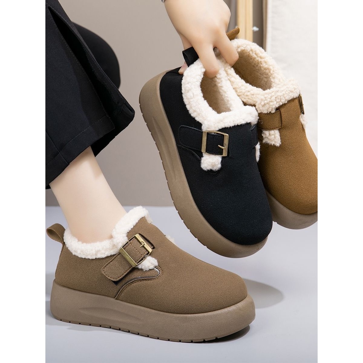 冬季新款加绒厚底勃肯女鞋