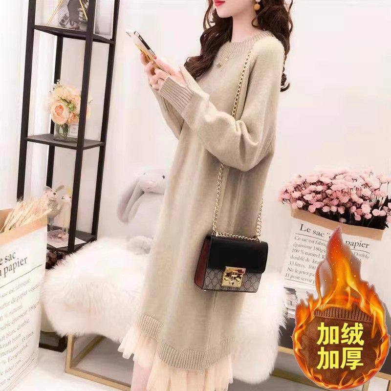 针织连衣裙女秋冬加绒加厚宽松慵懒风气质中长款过膝毛衣打底裙子,女装/女士精品,大码半身裙,淘宝优惠券,粉丝福利购,淘宝优惠卷