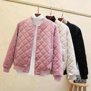 女装 金丝绒棒球棉服秋冬2025新款 百搭菱格外套特大码 宽松时尚 韩版