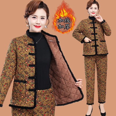 中老年女装加绒加厚盘扣棉衣套装