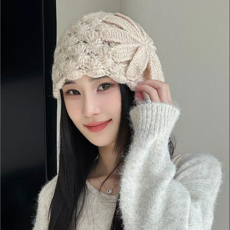 手工花苞针织包头帽子秋冬保暖