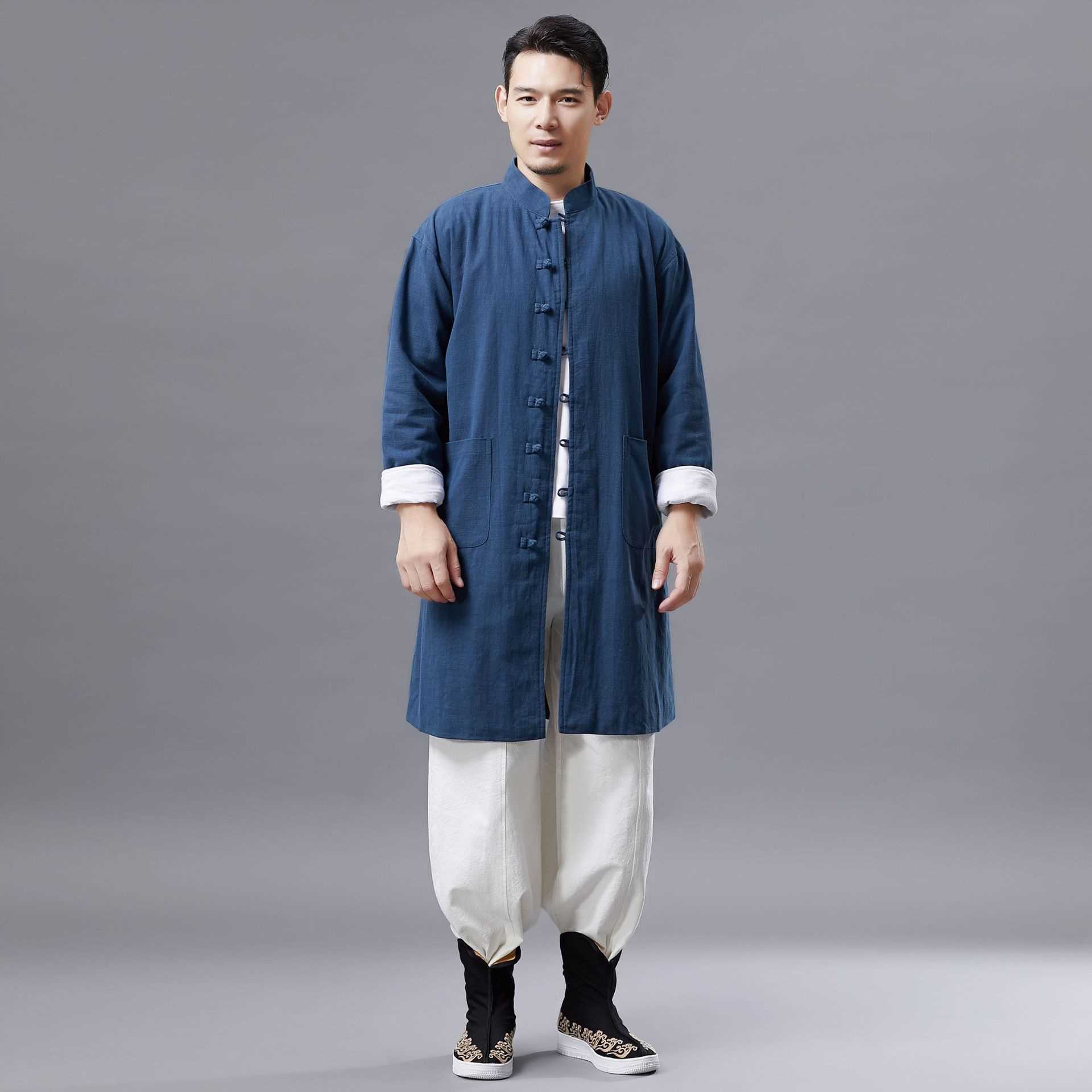 高档新款太极服男秋冬季加绒加厚太极练功服男武术表演中长款