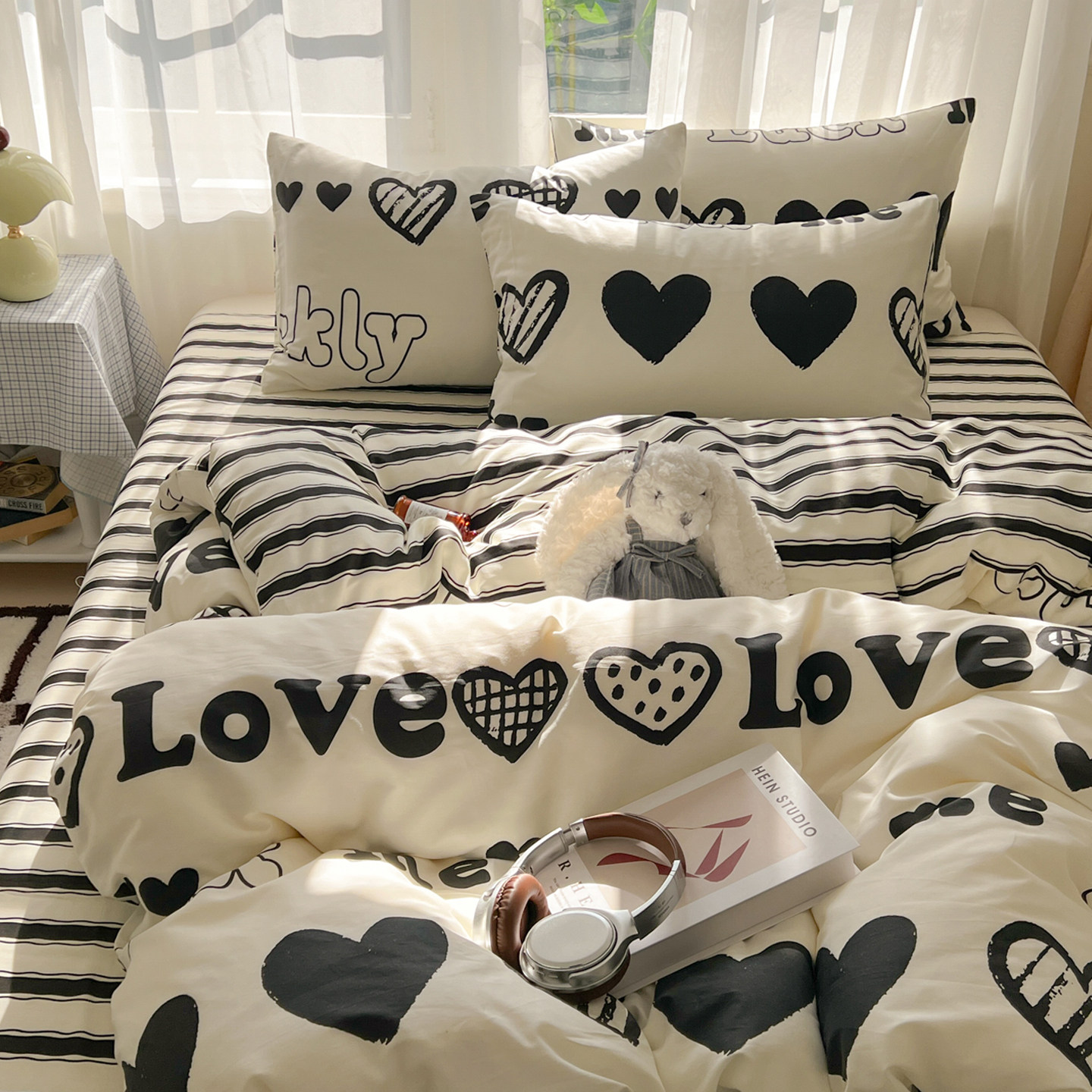 全棉床上四件套纯棉黑白爱心被套床笠款单人学生宿舍床单三件套4