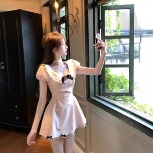 收腰显瘦设计感纯欲甜美蝴蝶结气质连衣裙女 千金风短裙夏季
