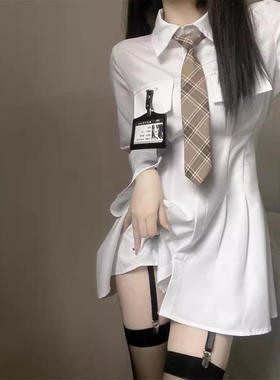 纯欲风白色长袖衬衫连衣裙女新款春季设计感收腰显瘦字短裙