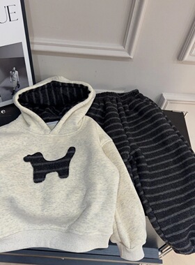 男童冬季加绒加厚卫衣套装新款韩版帅气儿童休闲条纹裤两件套跨境