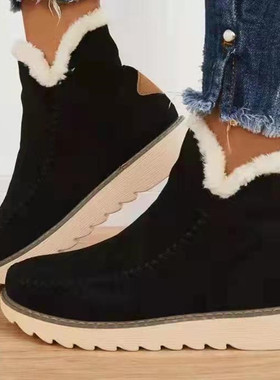 2022年冬季新款大码女靴女士厚底棉靴纯色套脚保暖短靴女鞋
